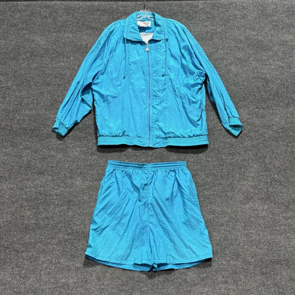 Vintage Casual Isle Track Jacket Shorts Set Womens XL Blue Nylon Windbreaker